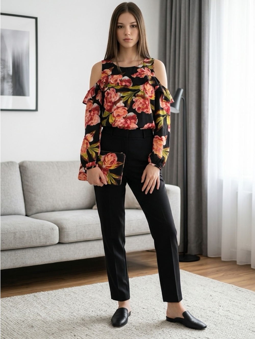 a.n.a Black Cold-Shoulder Floral Blouse with Pink & Green Flowers